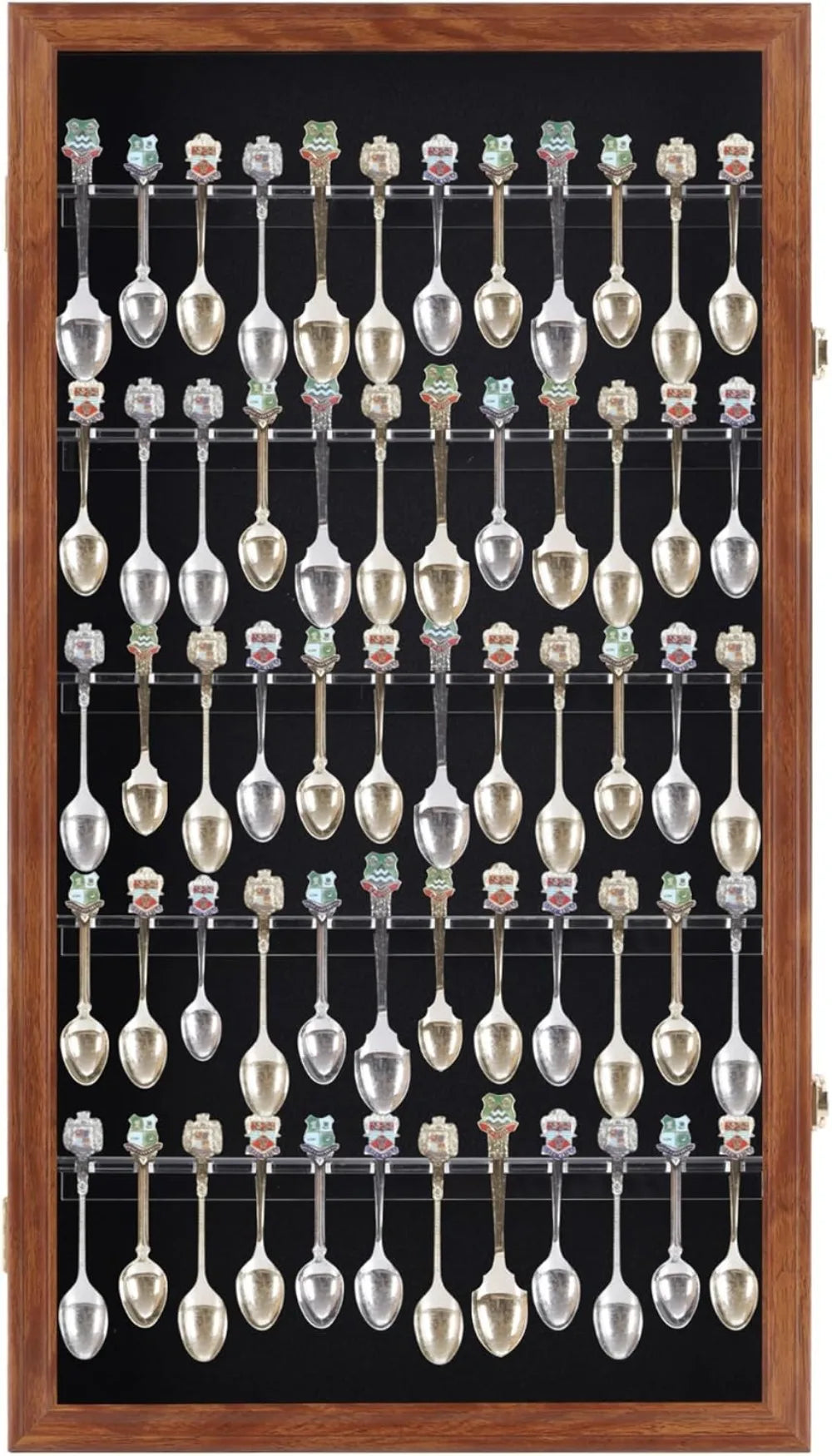 60-Spoon Display Case Rack Holder, UV Protection Lockable Walnut Wall Cabinet for Souvenir & Tea Spoons