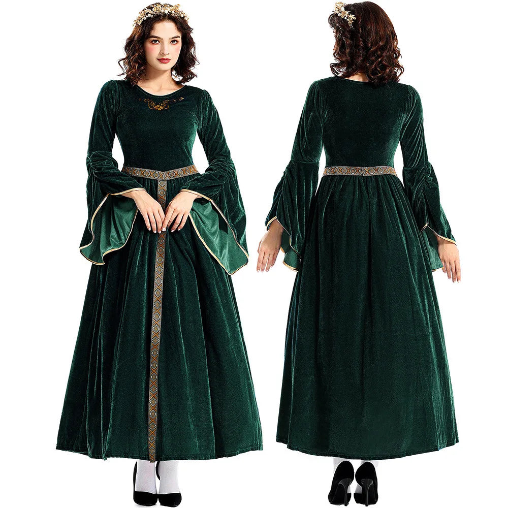[You're My Secret] Women Medieval Costume Halloween Court Ball Flared Sleeve Princess Dress Cosplay Stage Performance Costume