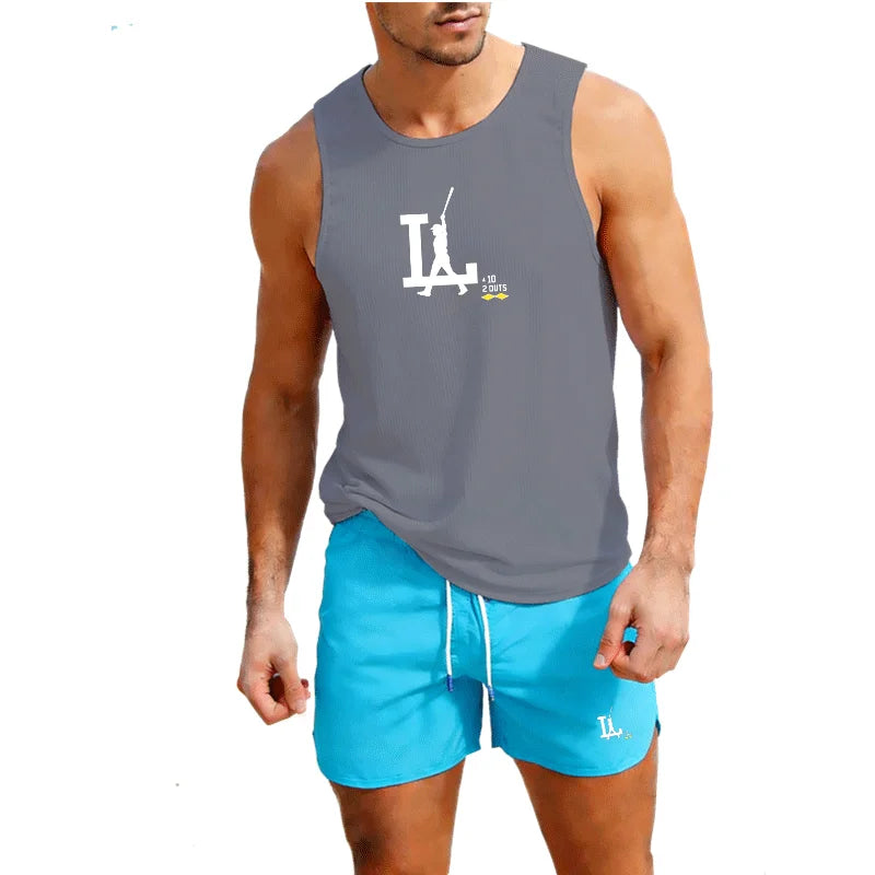 European Size Men Vest Shorts 2 Piece Set Casual Beach Surfing Outfit Sportswear Outdoor Jogging Gym Athletic Fashion Trend