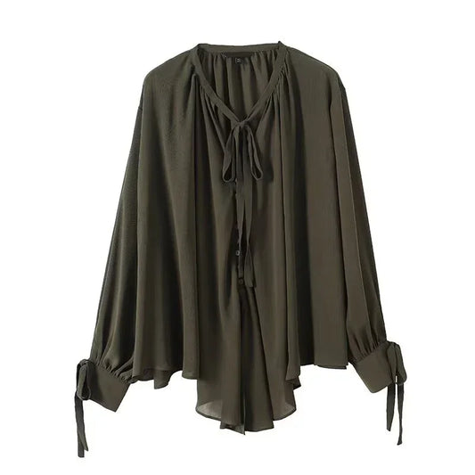 2025 French Style Women's Shirts Dark Green Loose Long Sleeve Top with Bow Tie Autumn Tops
