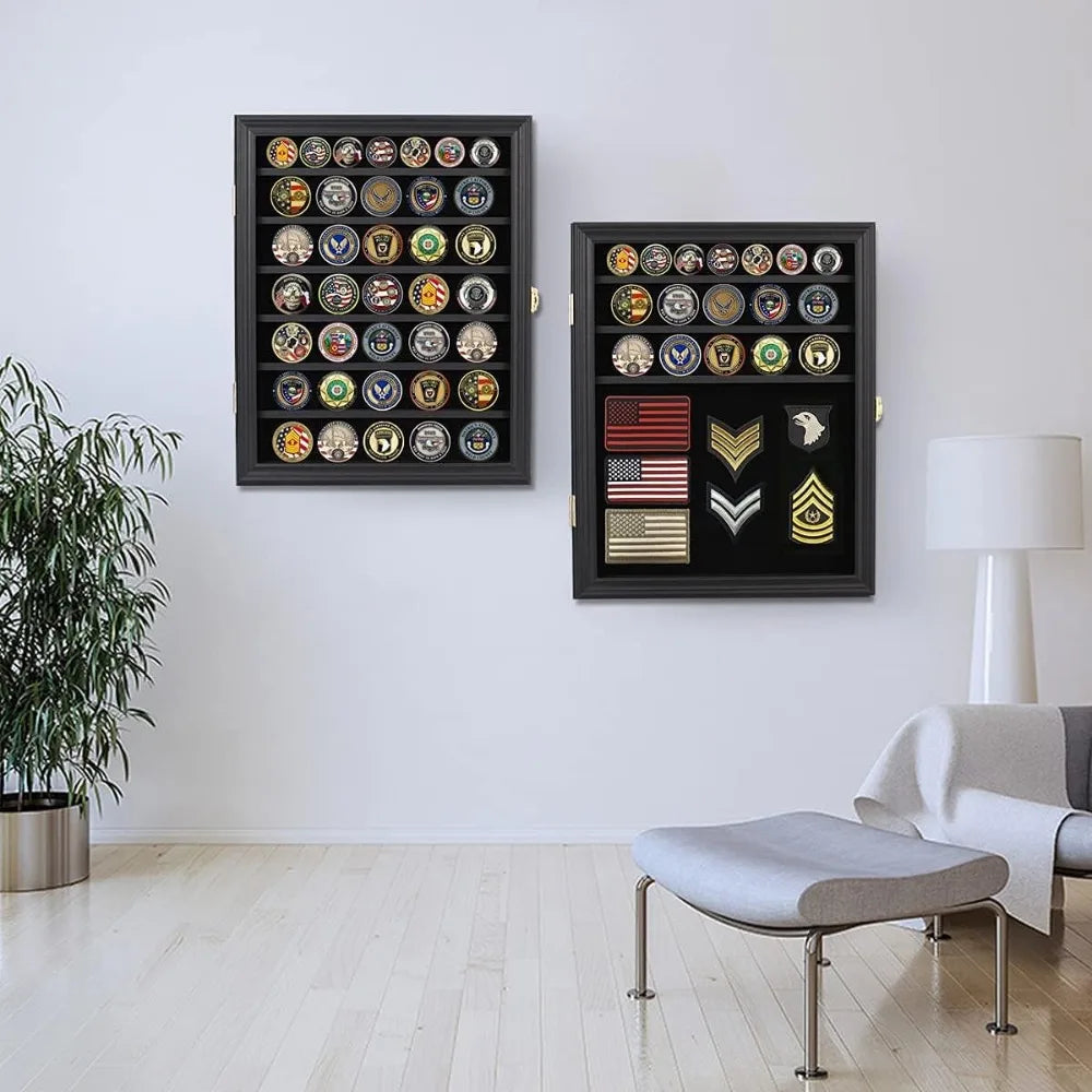 Lockable Medals Display Case Wall Frame for Coins, Pins, and Collectibles - Black Shadow Box with Removable Shelves