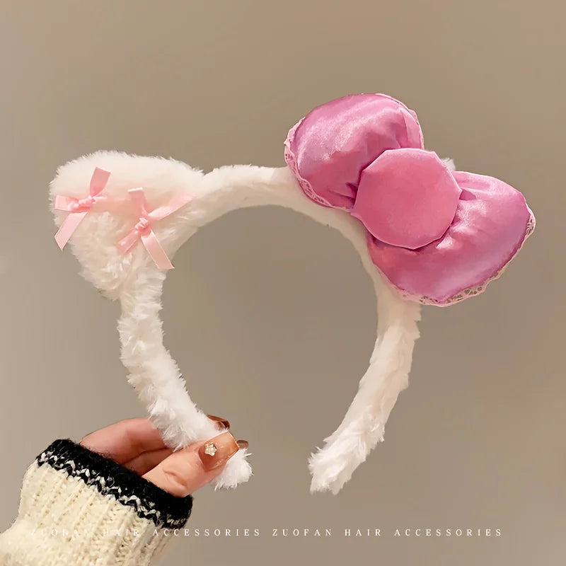 Hello Kitty Pink Bow Plush Headband  Women'S Cute and Comfortable Hair Accessory Suitable for Face Washing and Decoration