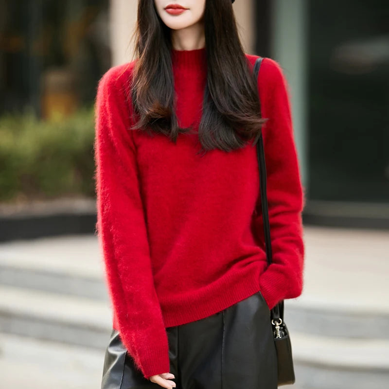 100% Wool Women's Fluffy High Neck Pullover, Loose Knit Winter Sweater Coat, Autumn Warm Top
