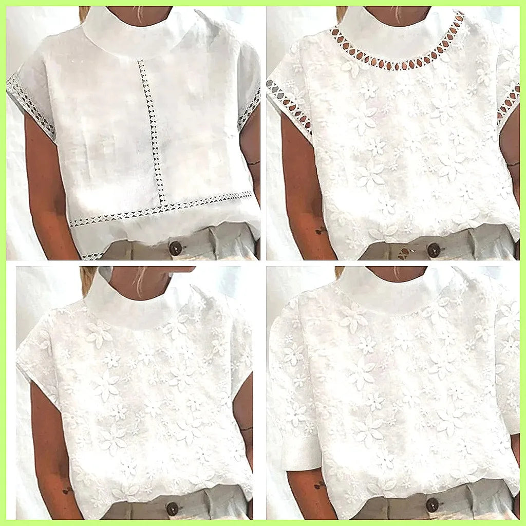 Women's Cotton Linen Pullover Shirt, Elegant Lace Trim Slim Fit Stand Collar Top for Summer Streetwear