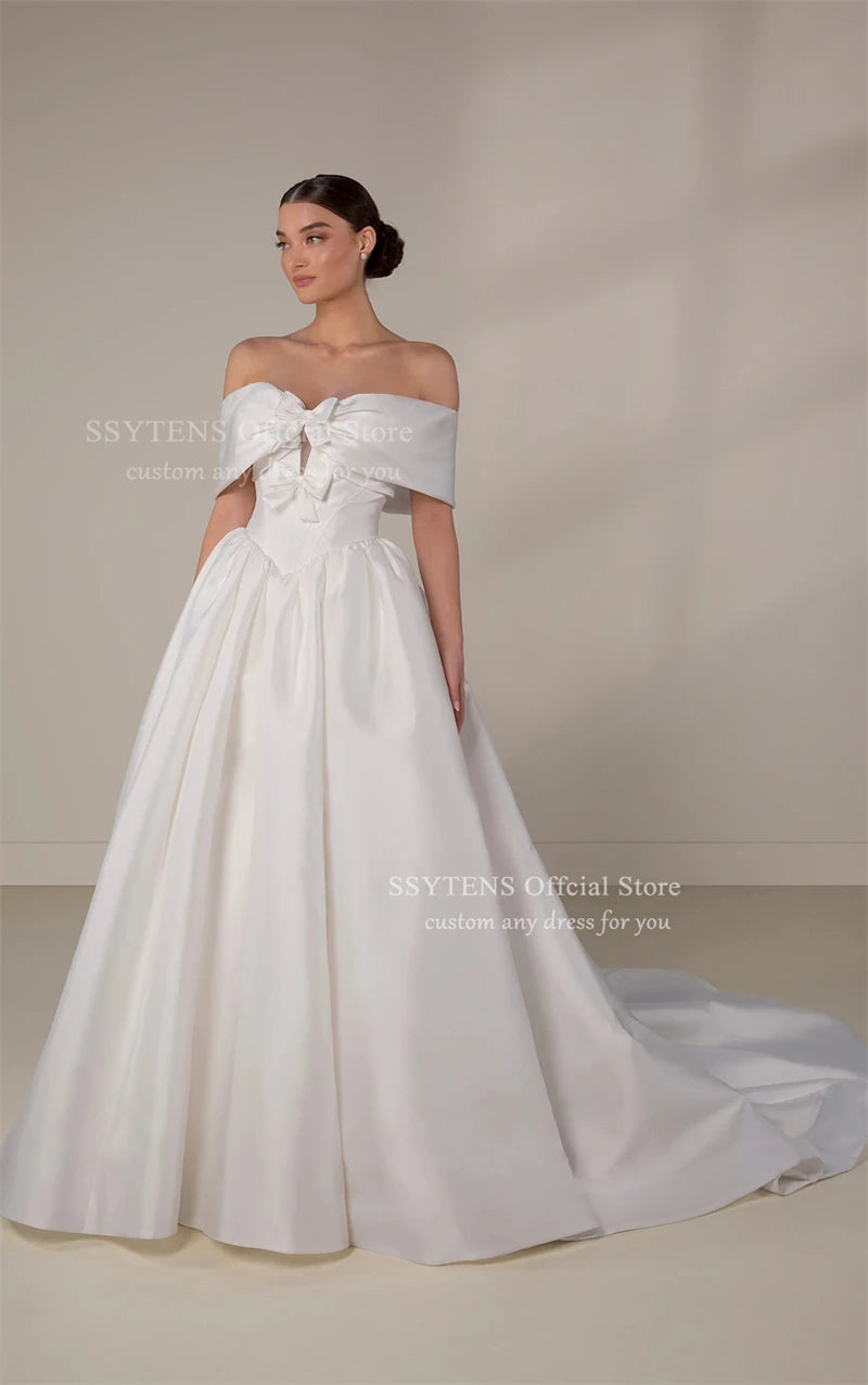 SSYTENS Soft Satin A Line Wedding Dresses Sleeveless Off The Shoulder Bridal Gowns Long Train Wedding Party Dresses Customized