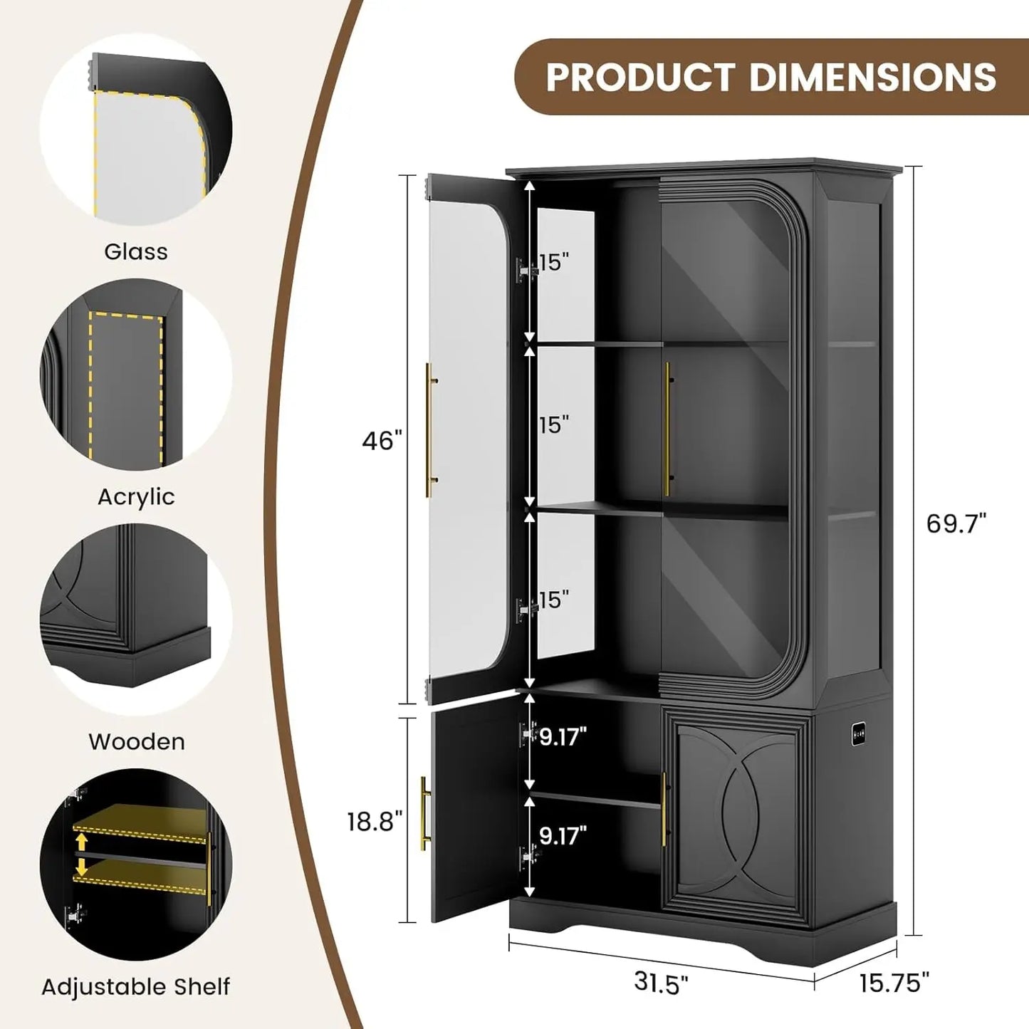 Display Curio Cabinet with Glass Doors, 69 in Tall Bookcase with LED Lights, Storage Cabinet|Kitchen Pantry, Customized