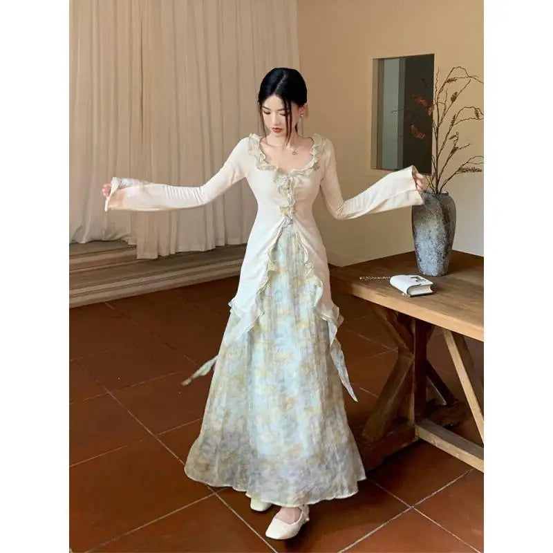 Women's Two Piece Set Ruffle Trim Knit Cardigan & Floral Print Maxi Skirt Elegant Fairy Style Outfit Spring Summer Casual Daily
