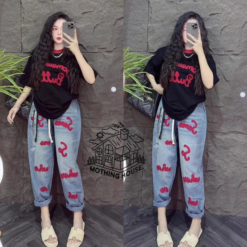 Retro Fashion Suit Women's Summer New Letter Printing Short-sleeved Milk Silk Wide-leg Pants Two-piece Set