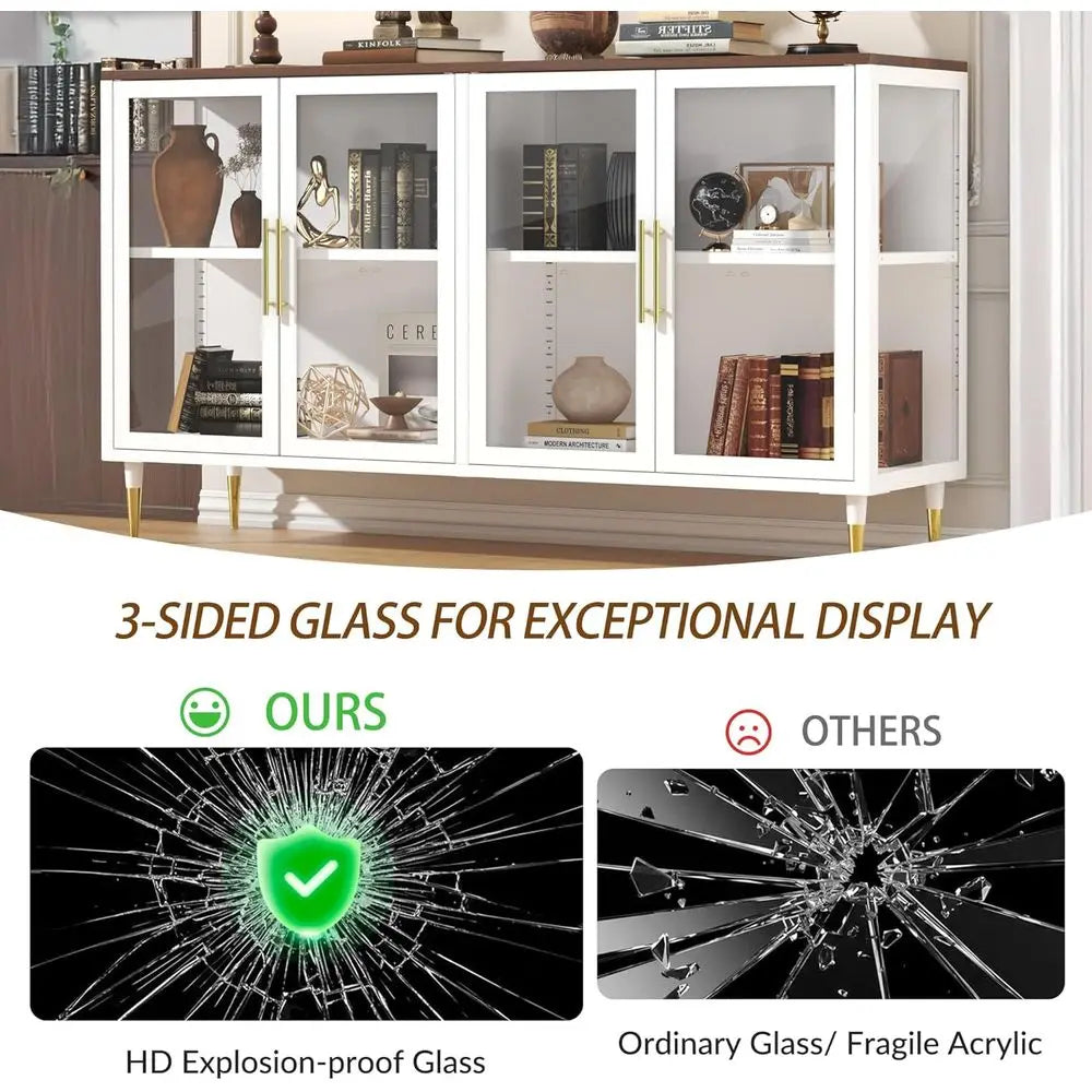 LED-Illuminated Glass Sideboard Cabinet, Metal & Wood Modern Storage with Adjustable Shelves, Suitable for Coffee Bar, Kitchen,