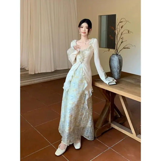 Women's Two Piece Set Ruffle Trim Knit Cardigan & Floral Print Maxi Skirt Elegant Fairy Style Outfit Spring Summer Casual Daily