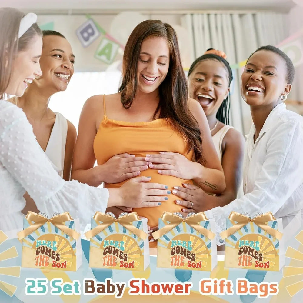 25 Sets Baby Shower Favor Bags with Handles and Bows Boho Sun Design for Party Decorations Goodie Bags