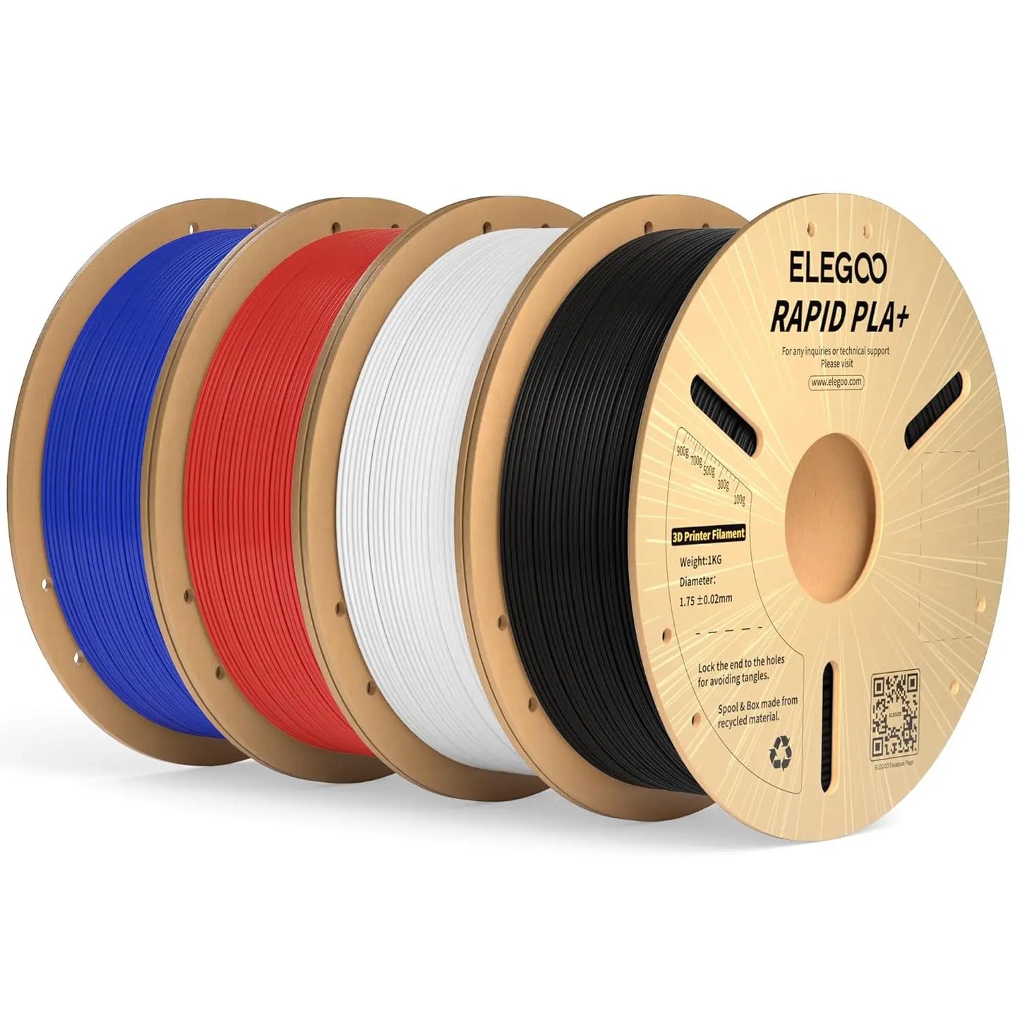 Fast Printing PLA+ 3D Printer Filament Bundle, 1.75mm, 4KG with Dimensional Accuracy +/-0.02mm, Black/White/Blue/Red