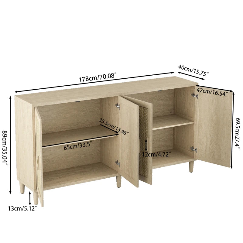 70" Rattan Buffet Cabinet with Storage, 4-Door Sideboard Buffet Cabinet with Adjustable Shelves for Kitchen, Living Room and