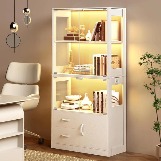Display Cabinet with Glass Doors, 4-Tier Display Case with 3-Color Lights & Human Body Sensor, Storage Cabinets with 3 Shelve