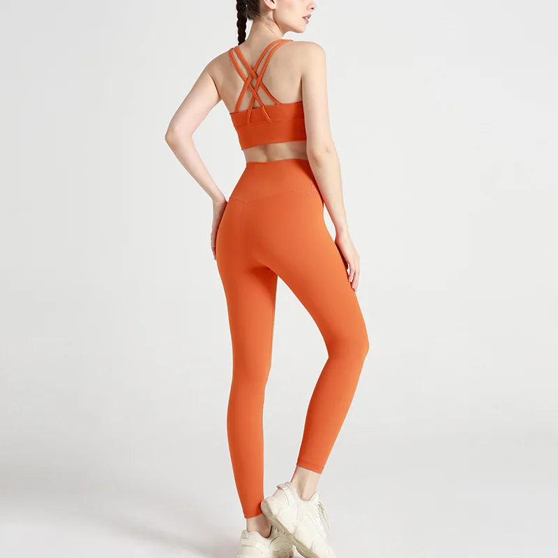 Classic women's yoga suit 2 piece set cross sling bra vest, butter touch stretch leggings gym workout dance sports suit