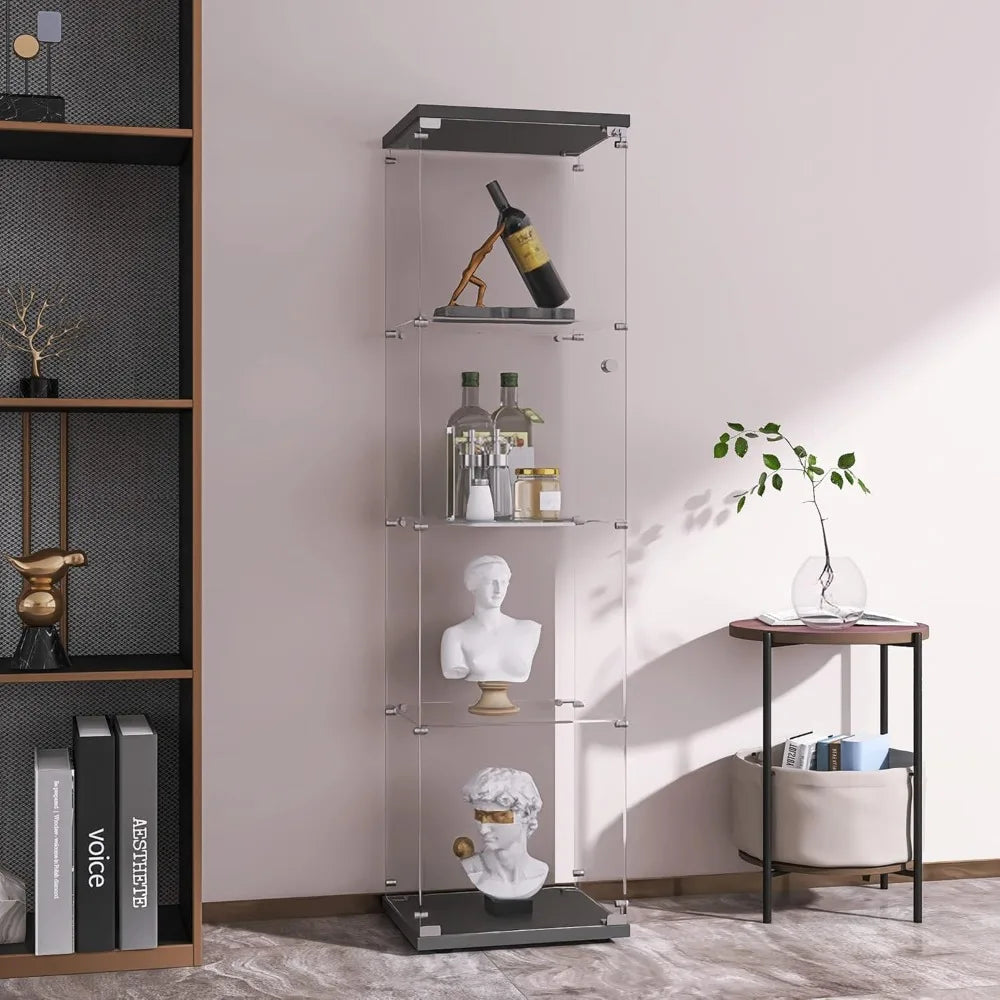 4-Tier Glass Display Cabinet with Lock, 65"x17"x14" Black, Tempered Glass Curio for Collectibles & Wine