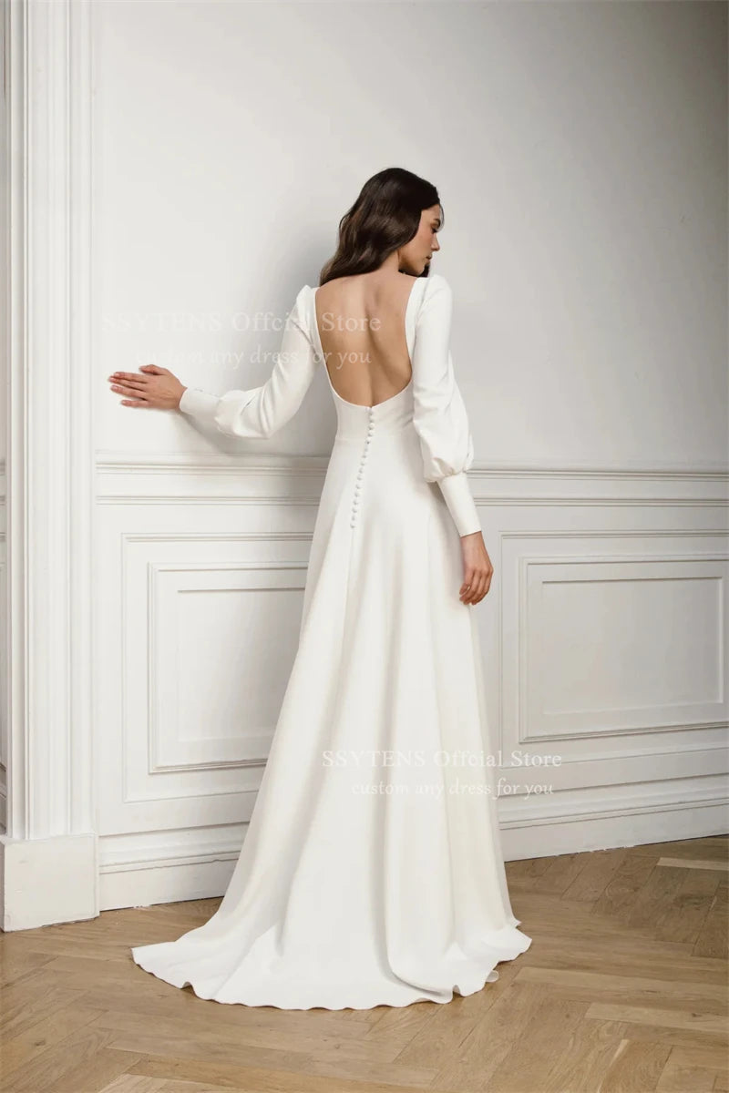 SSYTENS Elegant Square Neck A Line Wedding Dresses Full Sleeves Long Bridal Gown Woman Open Back Pleats Customized Bride Dress