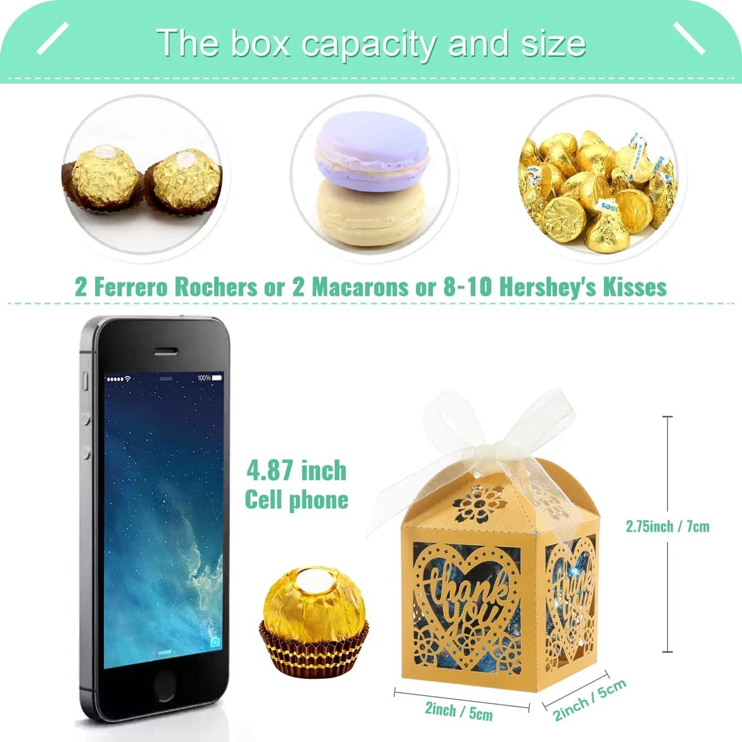 100pcs Gold Thank You Gift Boxes with Ribbons, 2x2x2.75 inch Lace Candy Boxes for Wedding Party Favors