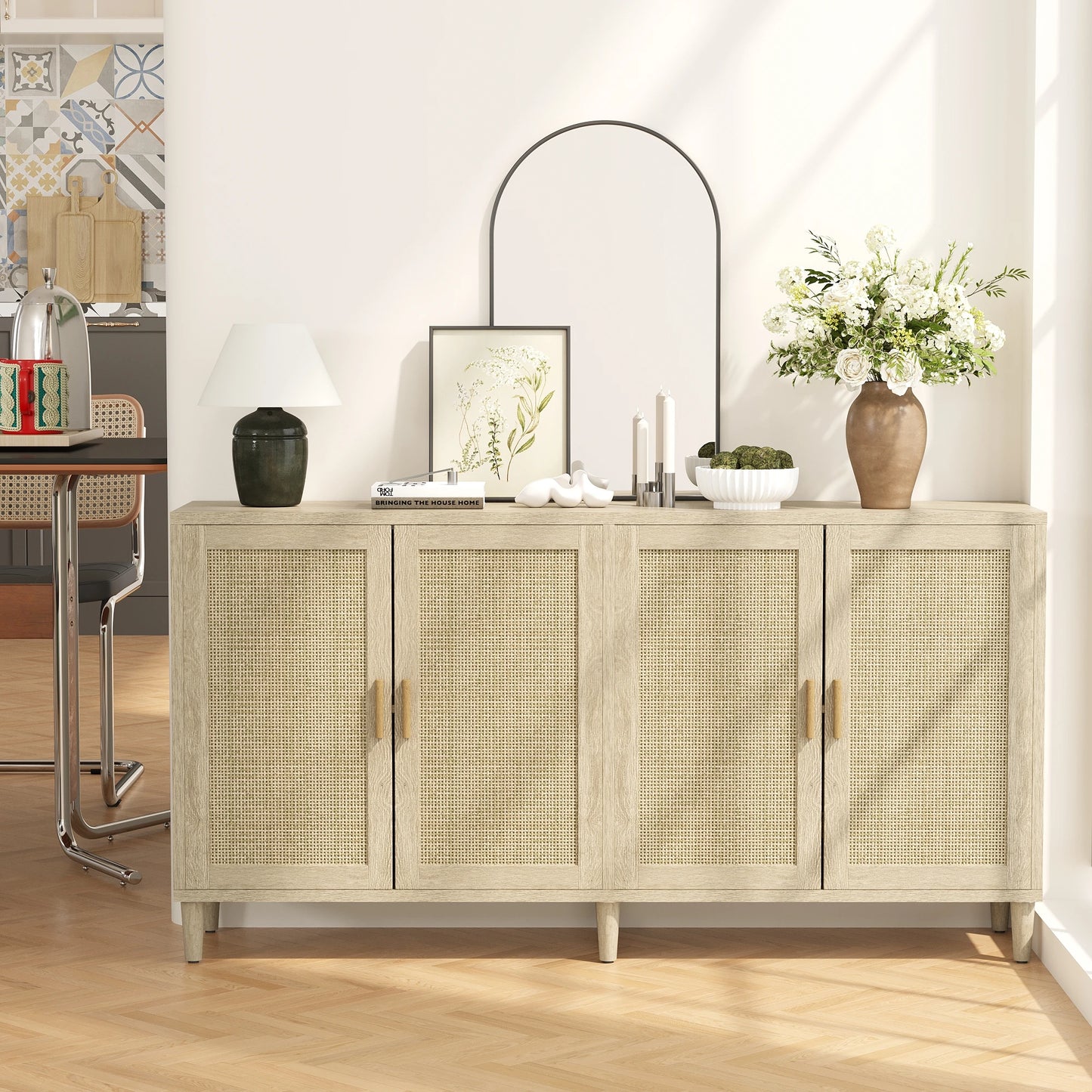 70" Rattan Buffet Cabinet with Storage, 4-Door Sideboard Buffet Cabinet with Adjustable Shelves for Kitchen, Living Room and