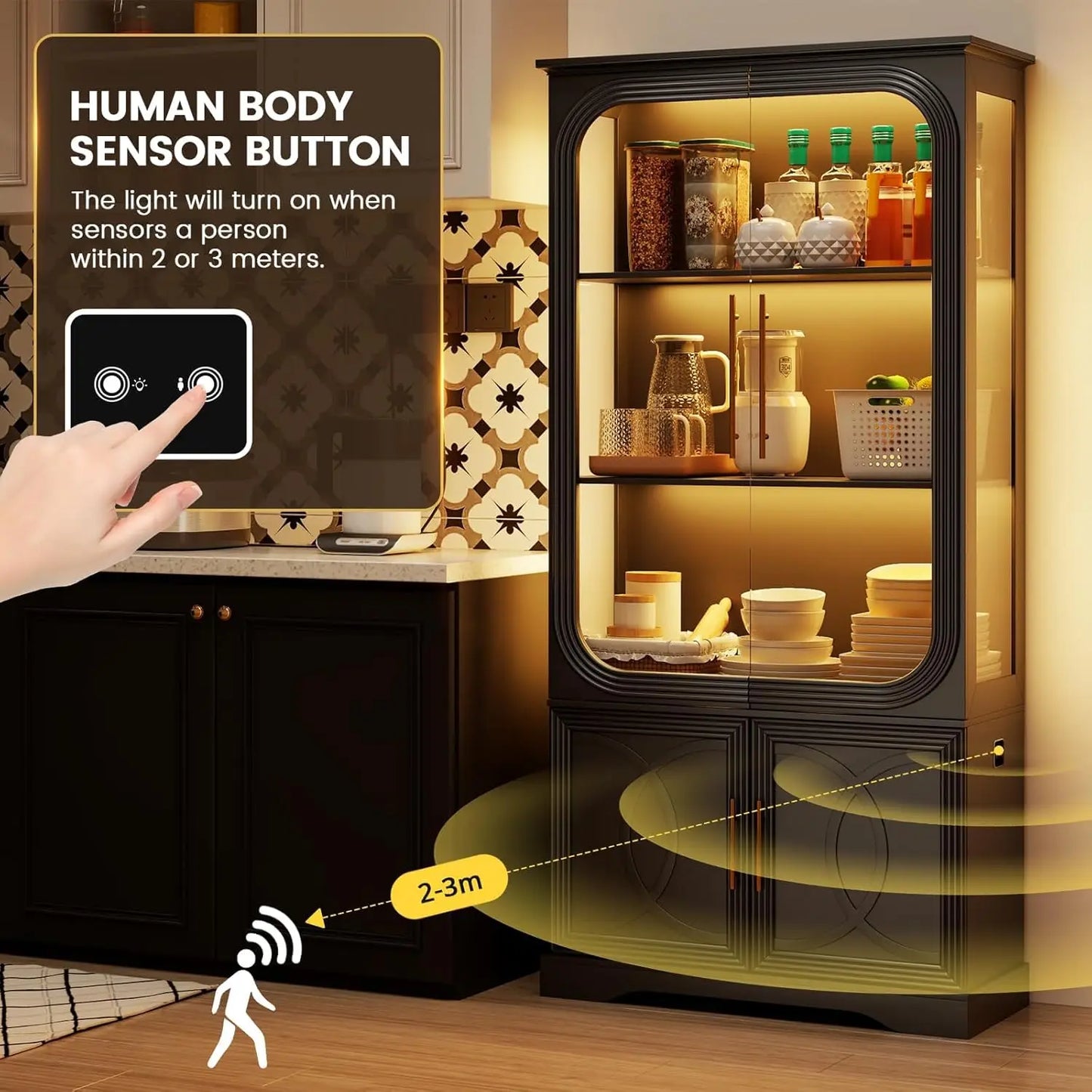 Display Curio Cabinet with Glass Doors, 69 in Tall Bookcase with LED Lights, Storage Cabinet|Kitchen Pantry, Customized