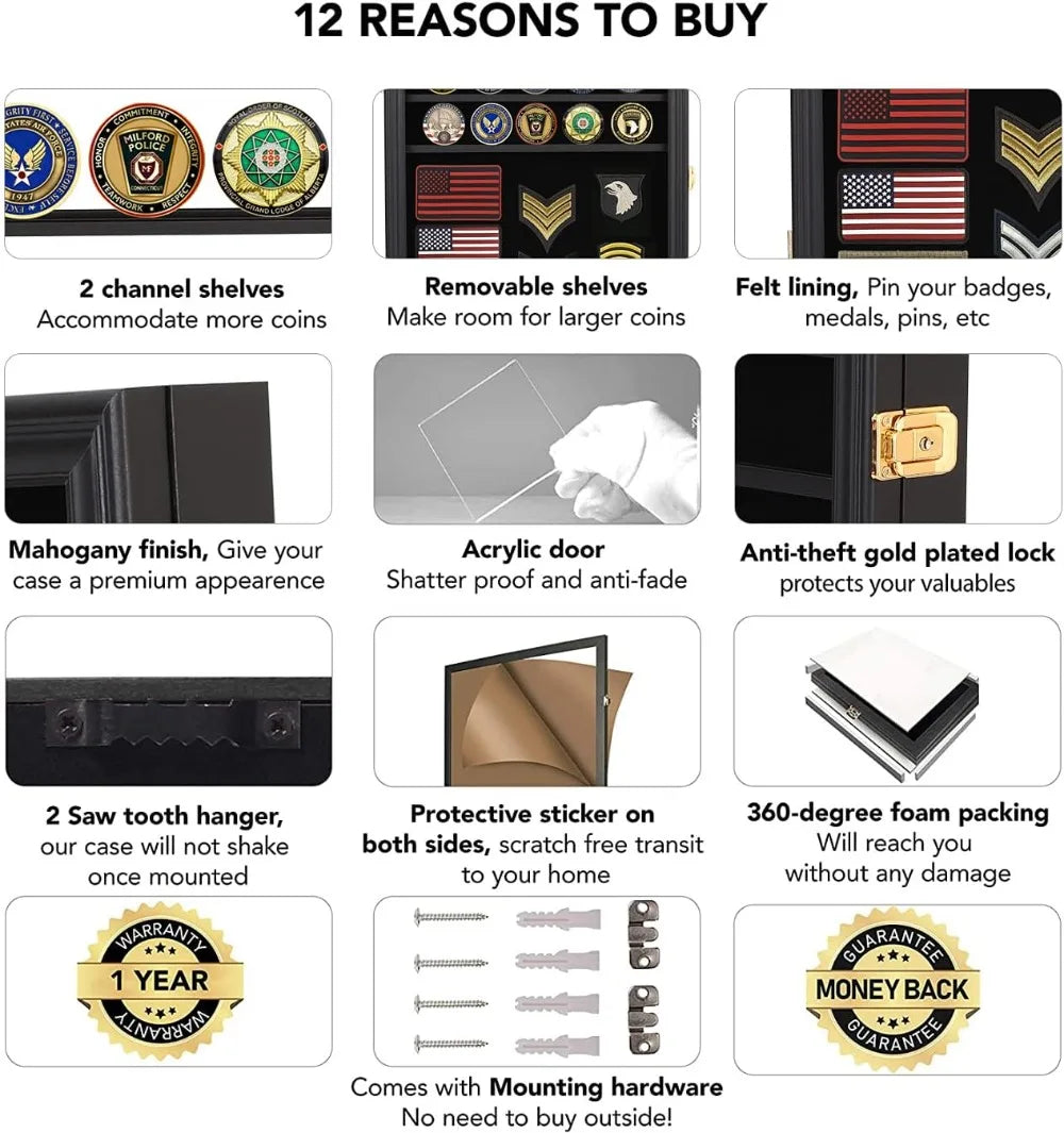 Lockable Medals Display Case Wall Frame for Coins, Pins, and Collectibles - Black Shadow Box with Removable Shelves