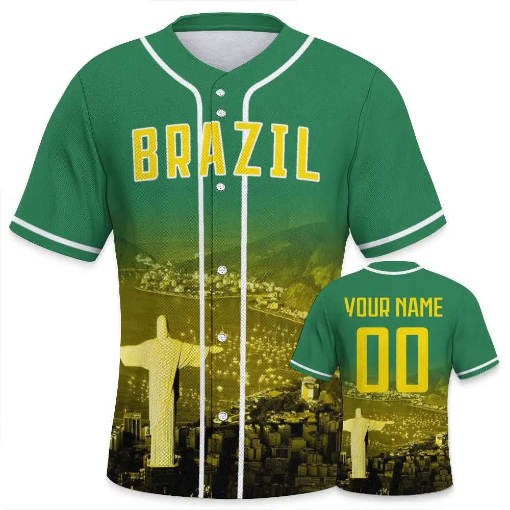 Men's Brazil Custom Baseball Jersey Personalized Name Number Comfort Shirt with City Night View for Baseball Fans Gift