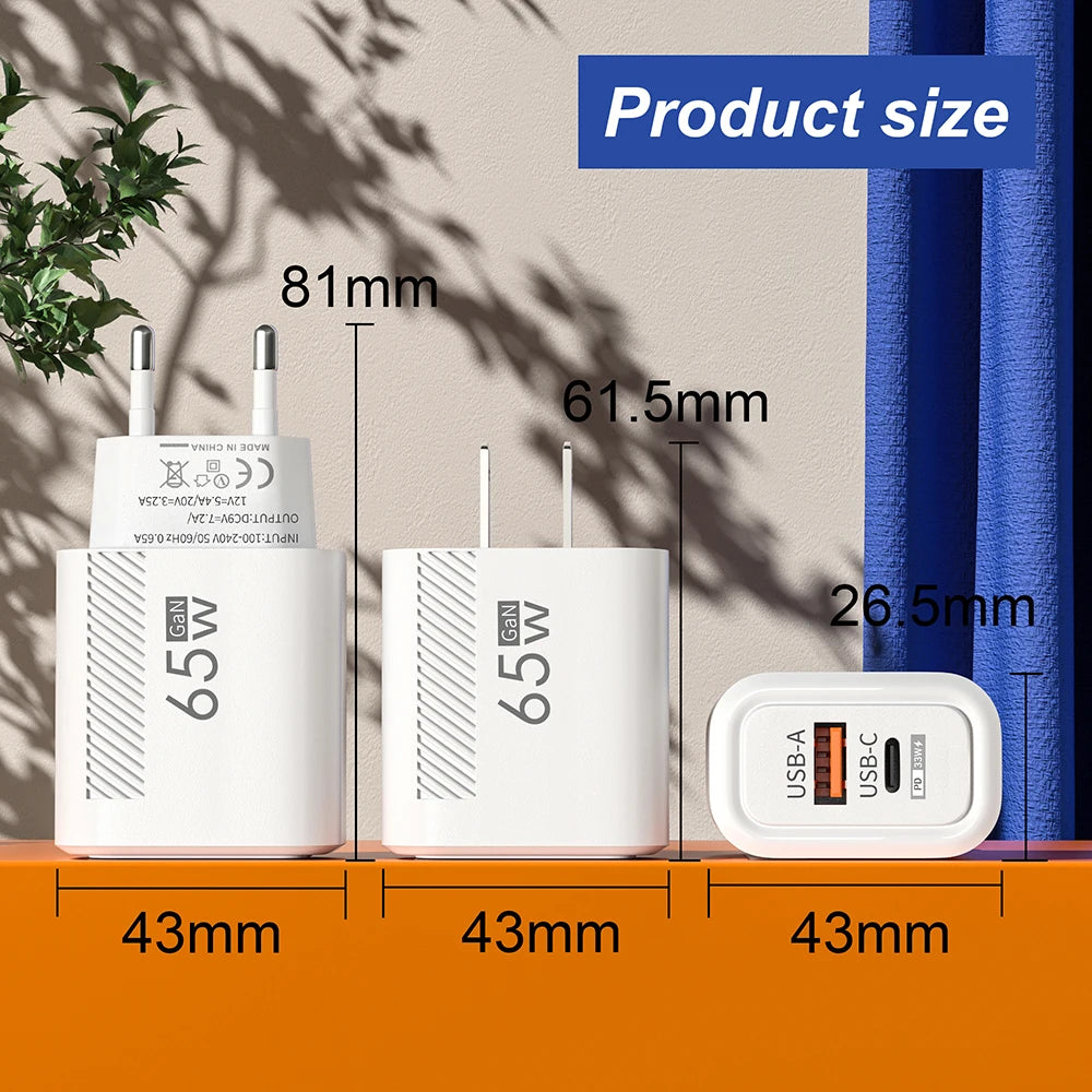PD 65W GaN Charger USB C Fast Chargering Adapter For Samsung S23 S22 iPhone 15 14 Xiaomi Huawei LG Quick Charge 3.0 USB Charger