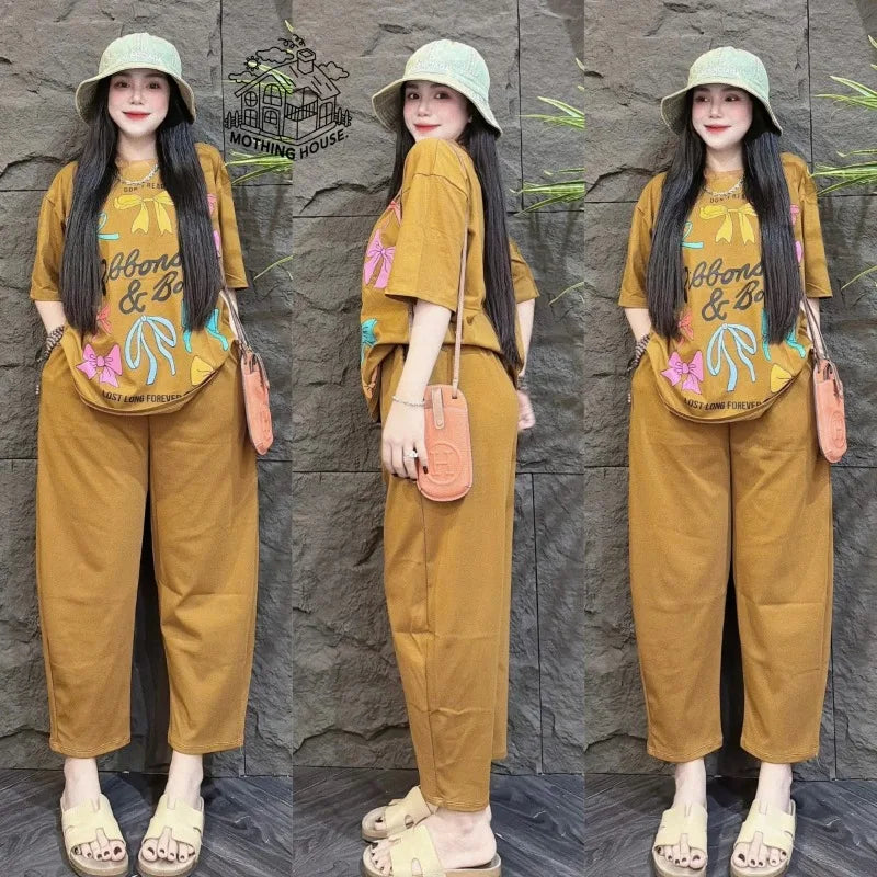 Fashion Suit Women's Summer New Korean Version Bow Short-sleeved Wide-leg Pants Casual Age-reducing Two-piece Set