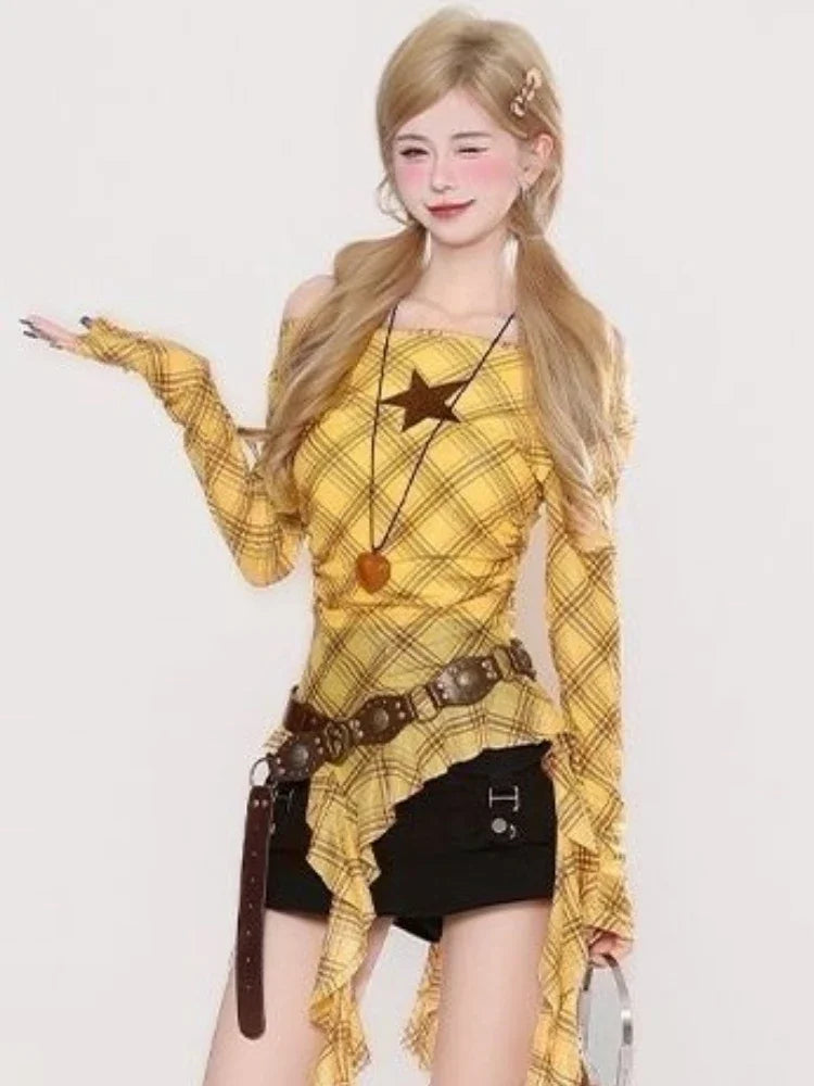 Y2K Plaid Slash Neck Vintage T-Shirt for Women, Grunge Ruffled Bodycon Top, Sexy Fairy Aesthetic