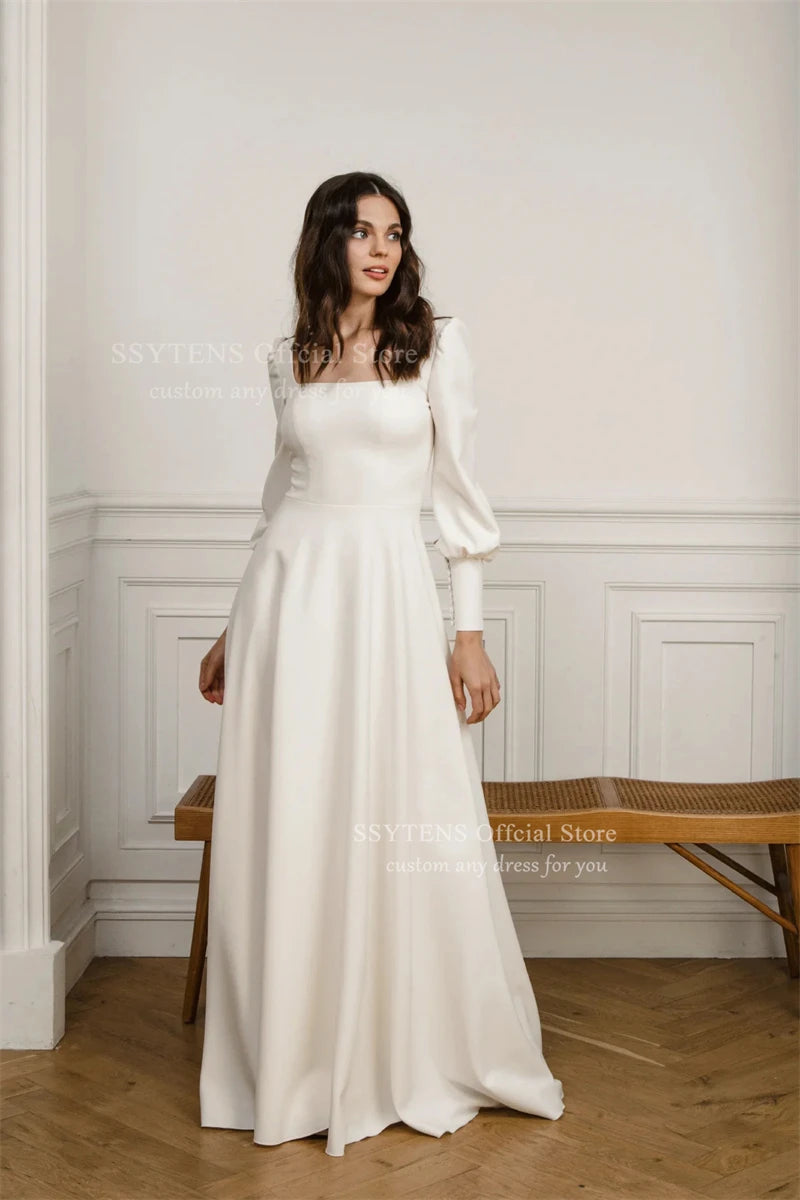 SSYTENS Elegant Square Neck A Line Wedding Dresses Full Sleeves Long Bridal Gown Woman Open Back Pleats Customized Bride Dress
