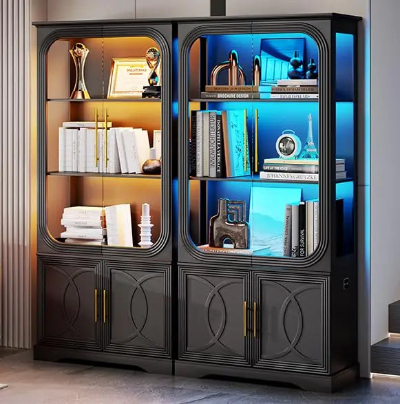 Display Curio Cabinet with Glass Doors, 69 in Tall Bookcase with LED Lights, Storage Cabinet|Kitchen Pantry, Customized