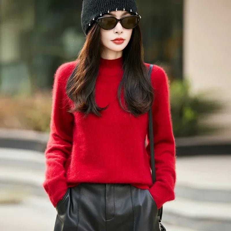 100% Wool Women's Fluffy High Neck Pullover, Loose Knit Winter Sweater Coat, Autumn Warm Top