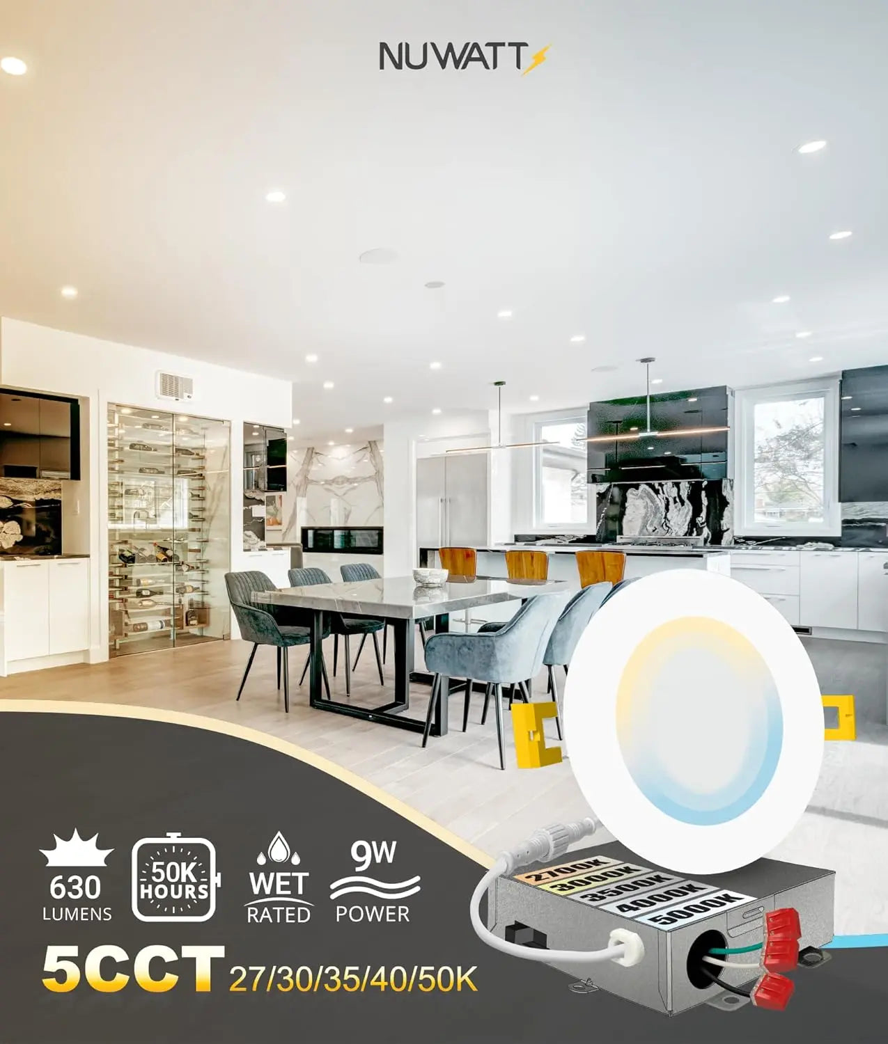 Ultra-Thin 4" LED Recessed Lighting 5CCT Selectable 2700K-5000K Dimmable 9W 630LM IC Rated ETL