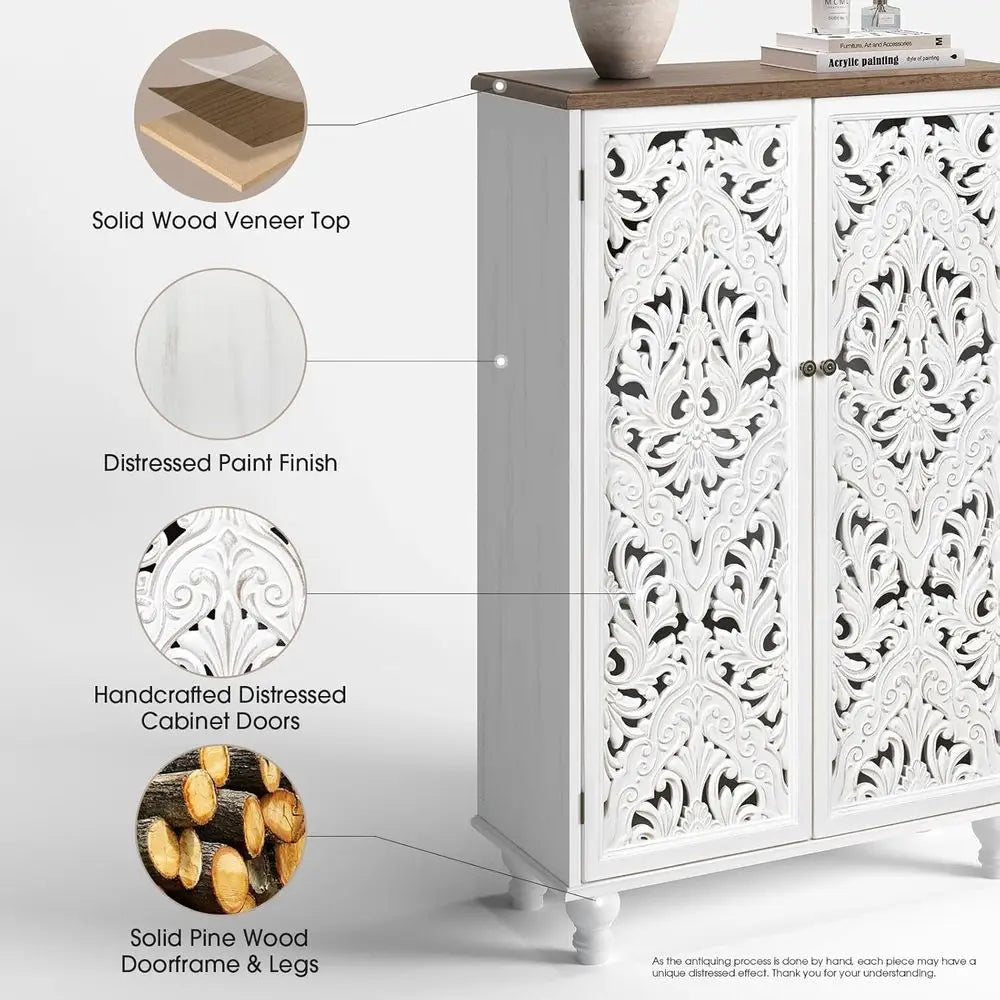 47 High Distressed White Wood Accent Cabinet with 3-Tier Shelves, Boho Style Sideboard for Small Spaces and Living Rooms