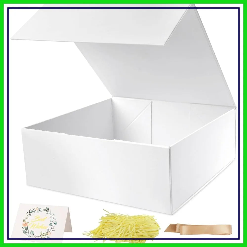 9.65x9.65x3.6 Inch Gift Box with Magnetic Lid, Collapsible, Ribbon, Card, Raffia Grass, for Birthdays, Christmas, Parties