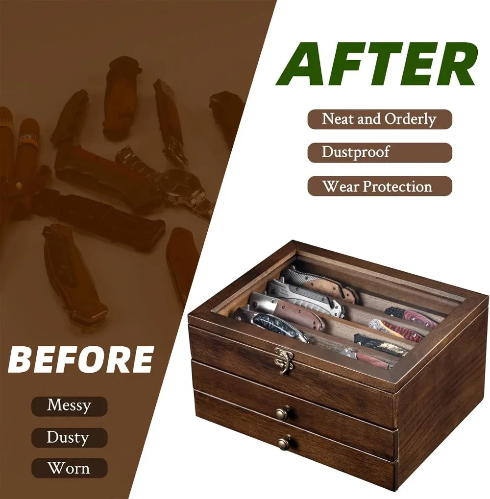 3-Layer Wooden Knife Display Case with Glass Lid & Drawers, Pocket Knife Collection Holder