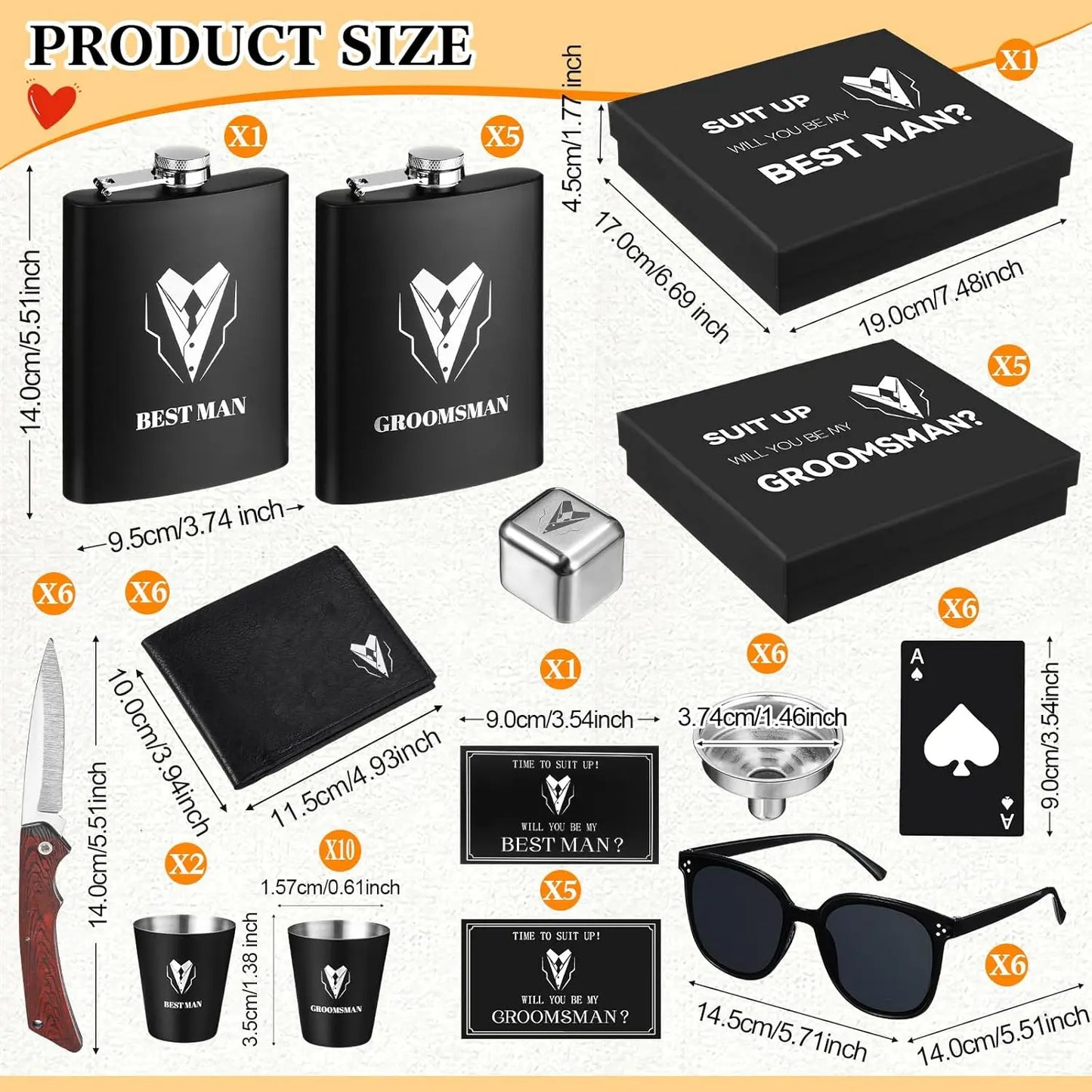 66 Pcs Groomsmen Proposal Set: Shot Glasses, Stainless Steel Flask, Funnel, Gift Boxes, Sunglasses, Knives, Bottle Opener