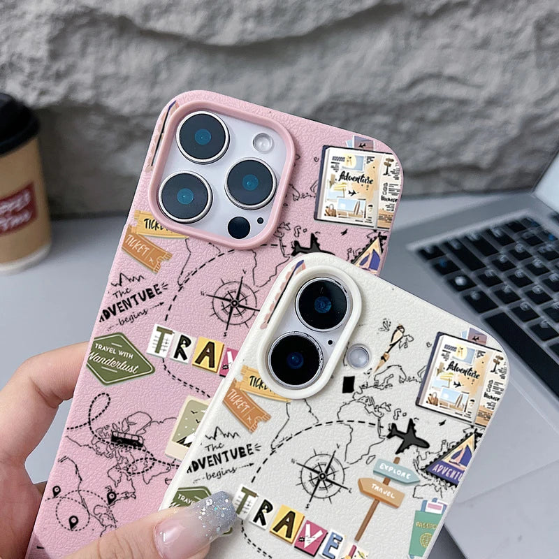 Travel Map Pattern Phone Case For iPhone 17e 16e 17 16 15 14 Pro Max 13 12 Pro Air 11 Leather Texture TPU Silicone Soft Cover