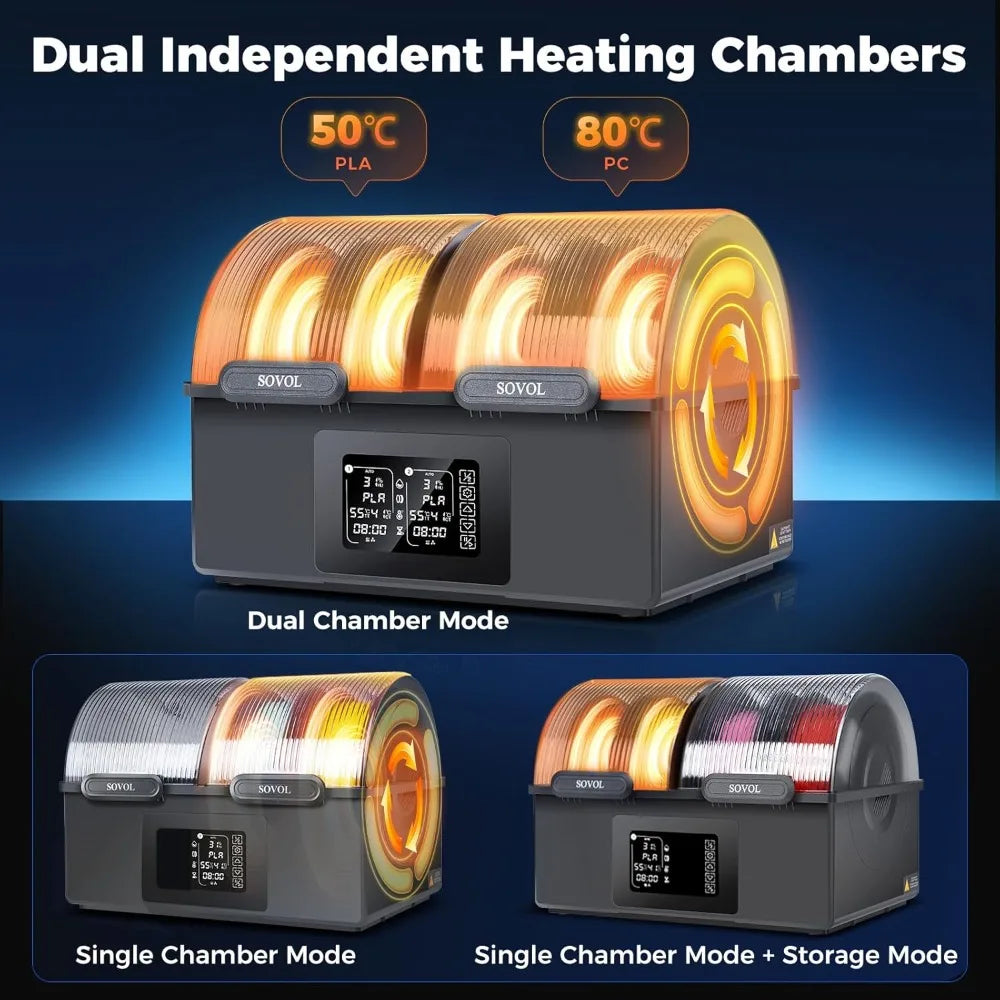 4 Spool Filament Dryer Box 85°C Max, Dual Independent Heating Chambers for PLA PETG ABS TPU ASA PC PA 1.75/2.85mm