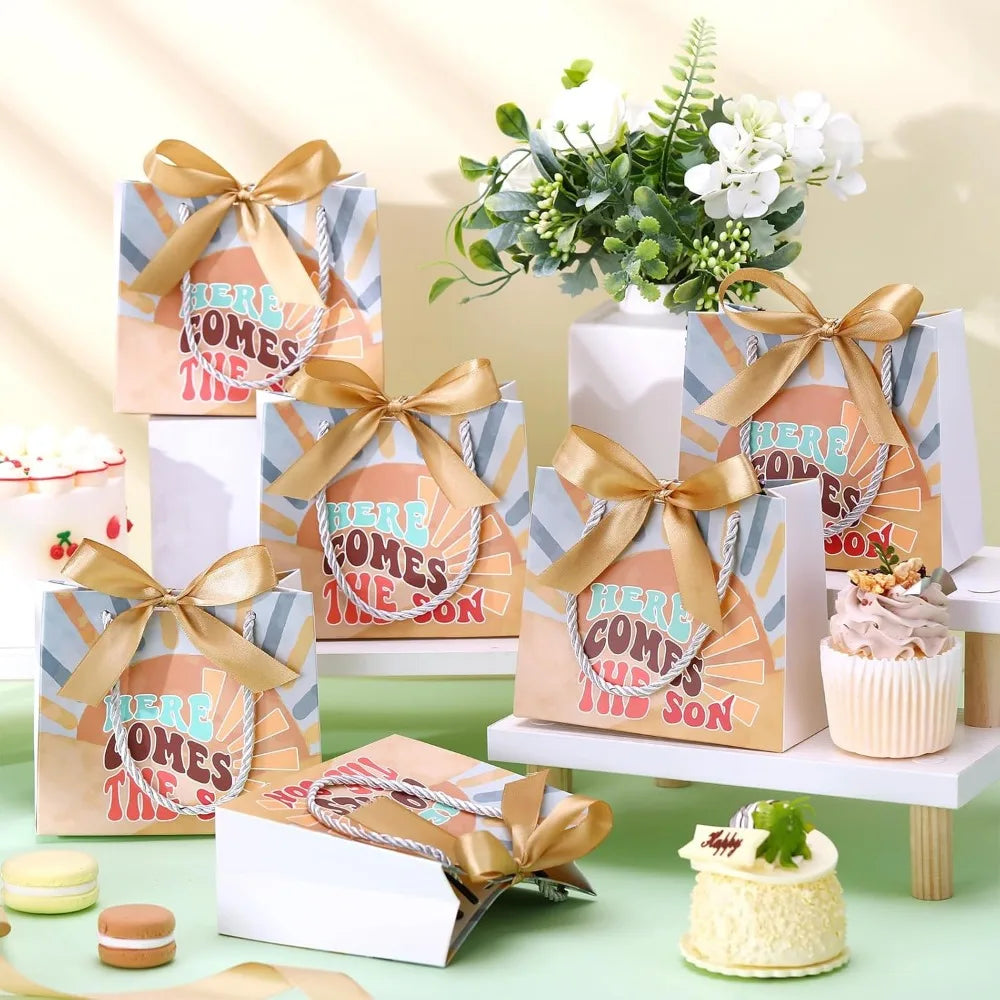 25 Sets Baby Shower Favor Bags with Handles and Bows Boho Sun Design for Party Decorations Goodie Bags