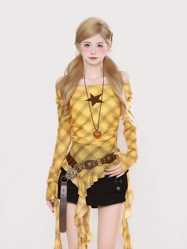 Y2K Plaid Slash Neck Vintage T-Shirt for Women, Grunge Ruffled Bodycon Top, Sexy Fairy Aesthetic