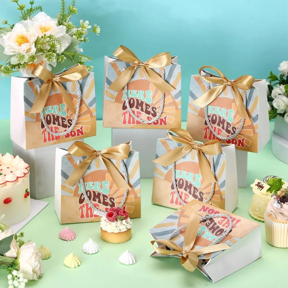 25 Sets Baby Shower Favor Bags with Handles and Bows Boho Sun Design for Party Decorations Goodie Bags