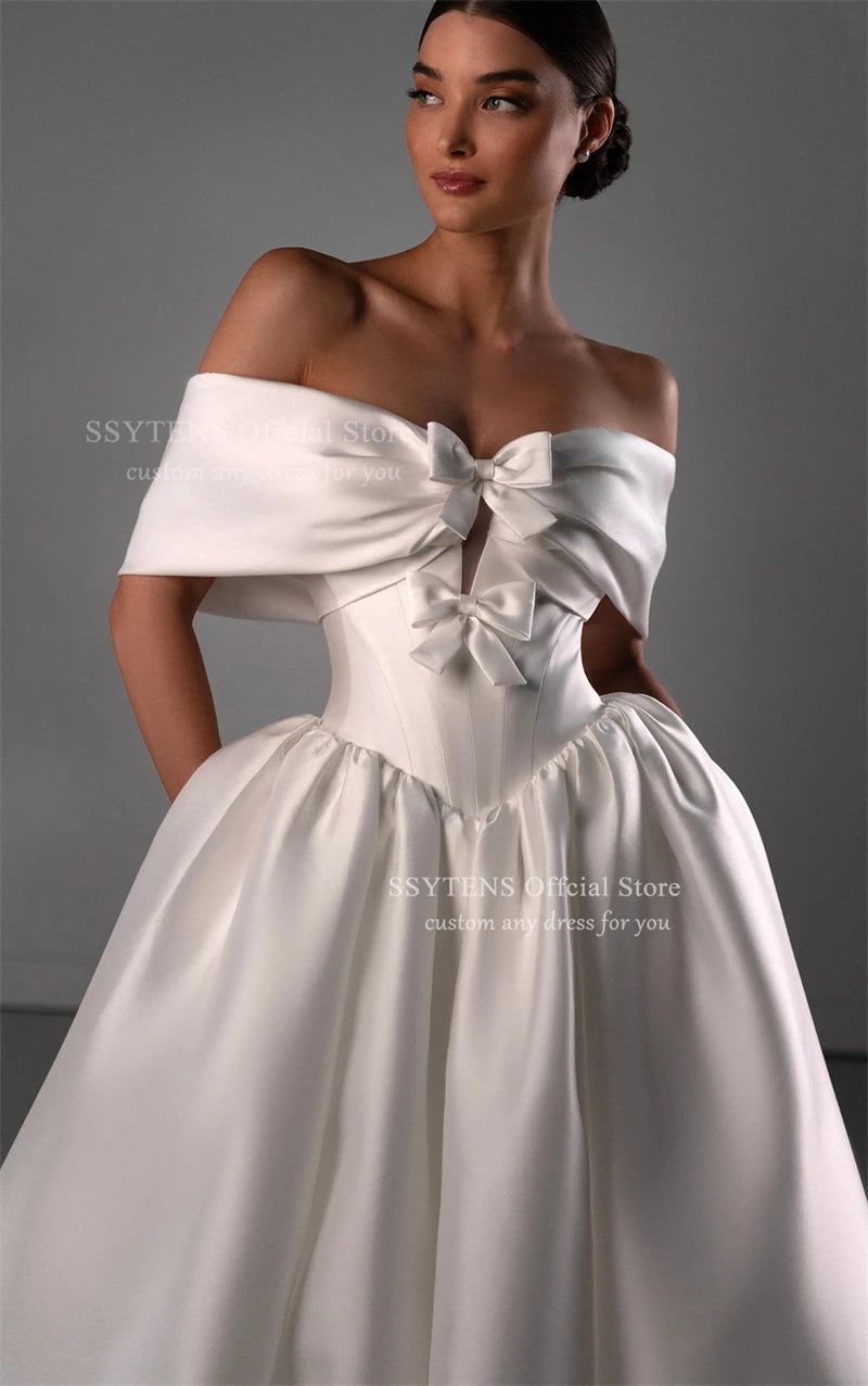 SSYTENS Soft Satin A Line Wedding Dresses Sleeveless Off The Shoulder Bridal Gowns Long Train Wedding Party Dresses Customized