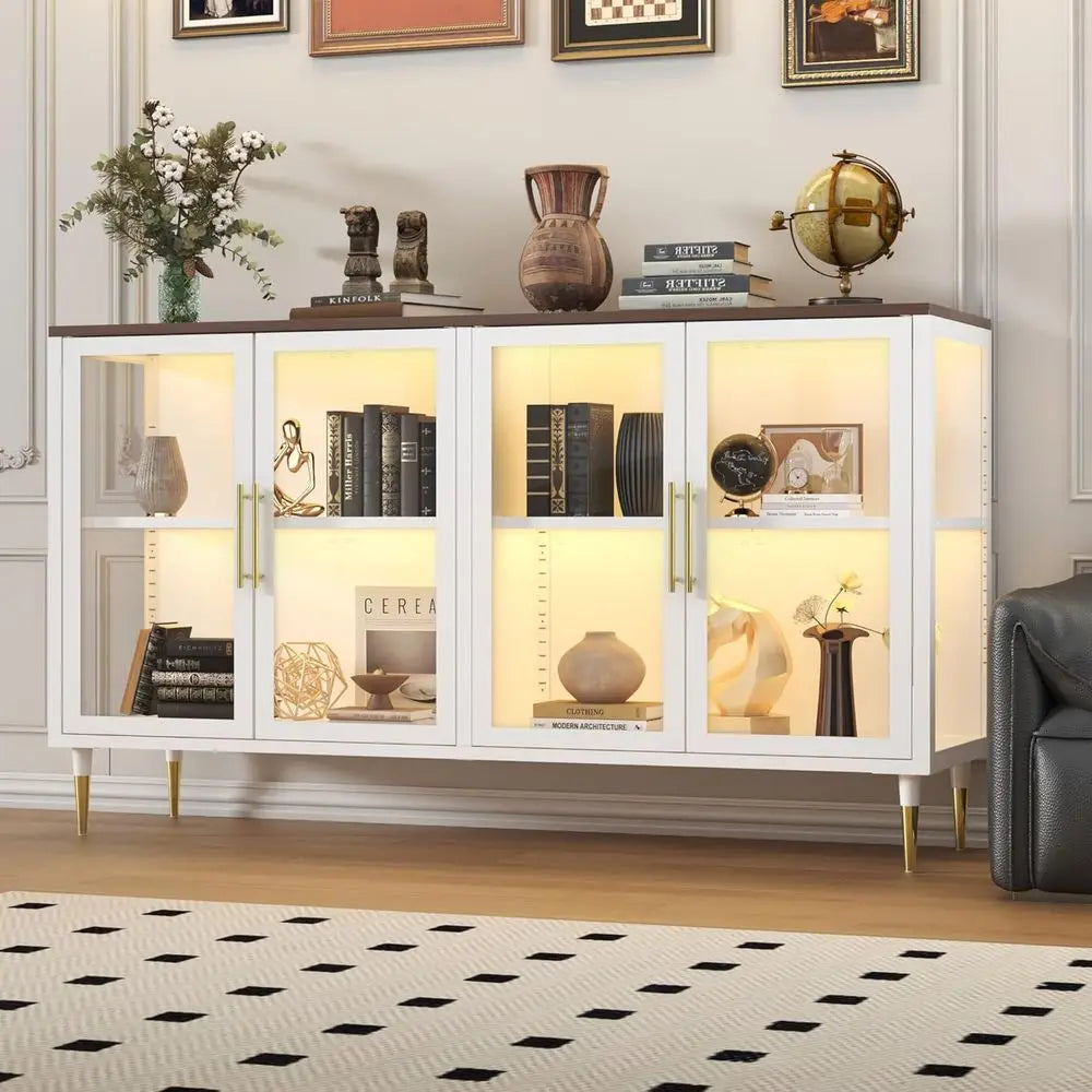LED-Illuminated Glass Sideboard Cabinet, Metal & Wood Modern Storage with Adjustable Shelves, Suitable for Coffee Bar, Kitchen,