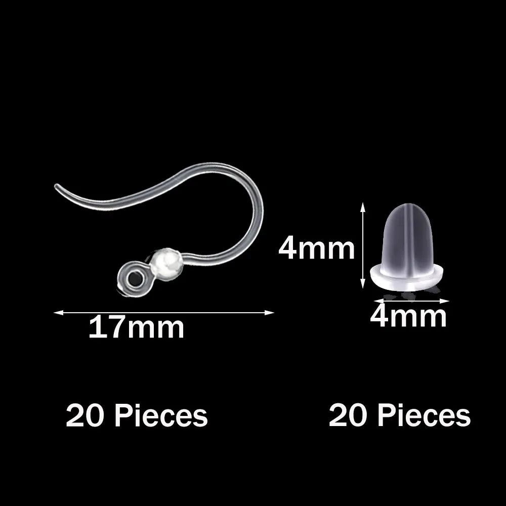 40pcs Clear Plastic Earring Hooks Ear Wire with Loop French Fish Hooks With Transparent Earring Stoppers for DIY Jewelry Making