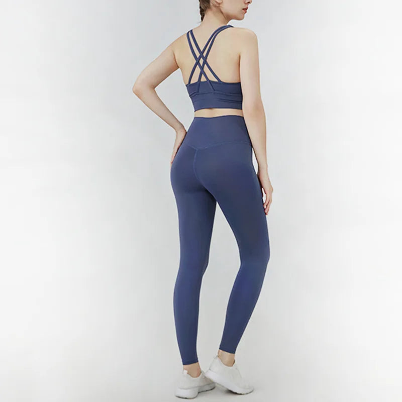 Classic women's yoga suit 2 piece set cross sling bra vest, butter touch stretch leggings gym workout dance sports suit
