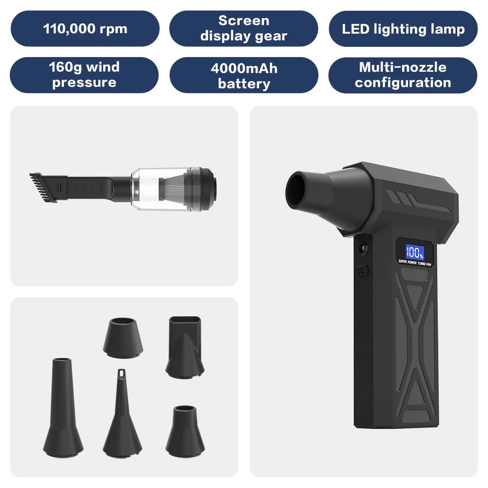 Powerful Air Blower 110000Rpm 4 Gear Adjustable Turbo Jet Blower With Led Light Battery Display Cordless Compressed Air Duster