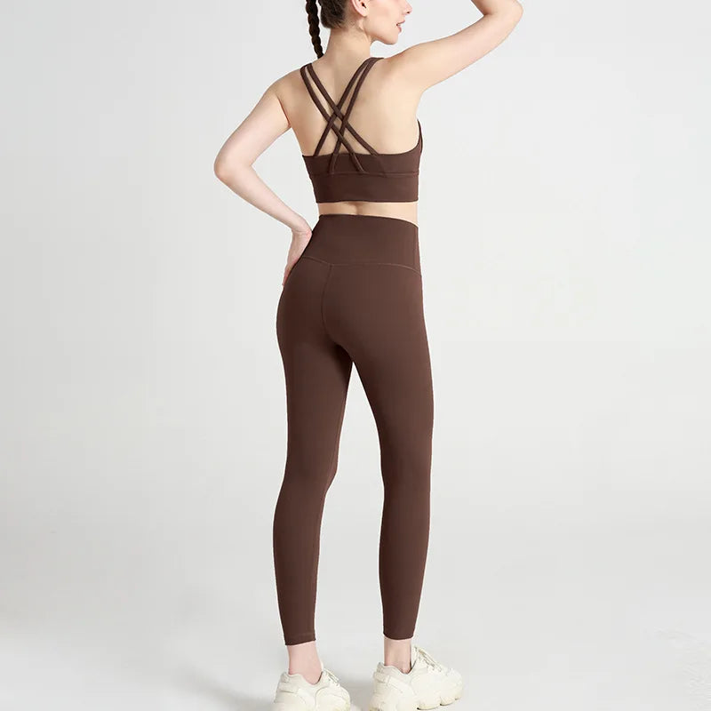Classic women's yoga suit 2 piece set cross sling bra vest, butter touch stretch leggings gym workout dance sports suit
