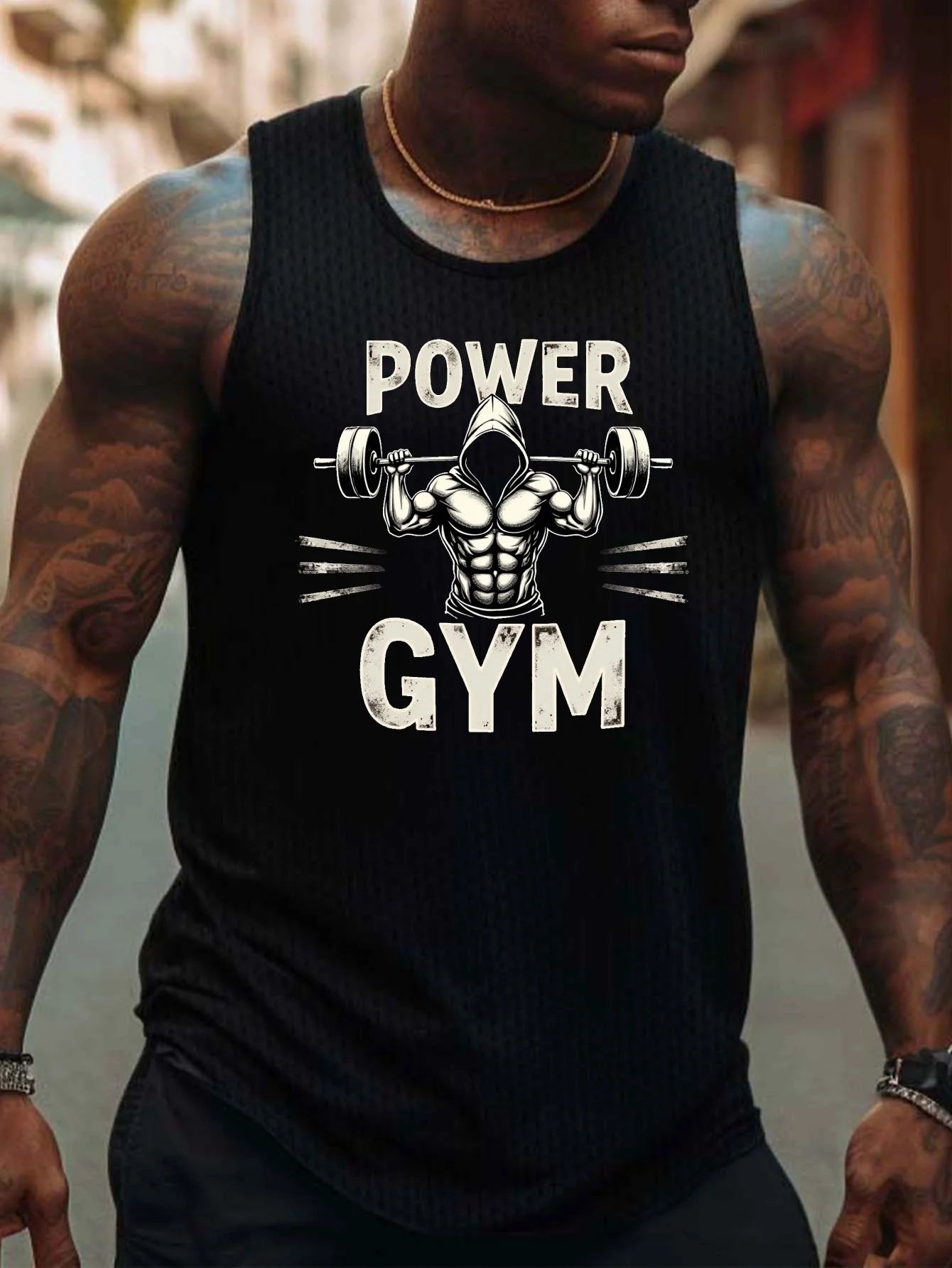 Men's Barbell Print Tank Top - Sleeveless breathable fitness shirt with weight training design on the back