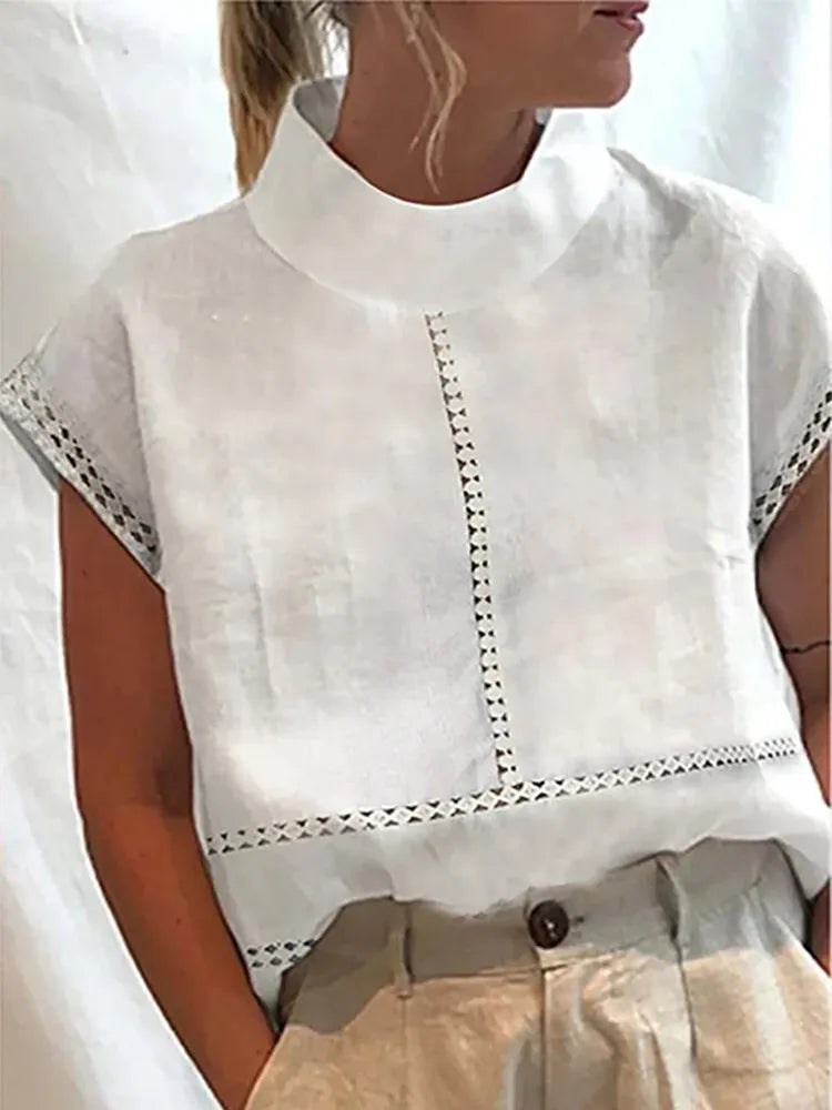Women's Cotton Linen Pullover Shirt, Elegant Lace Trim Slim Fit Stand Collar Top for Summer Streetwear
